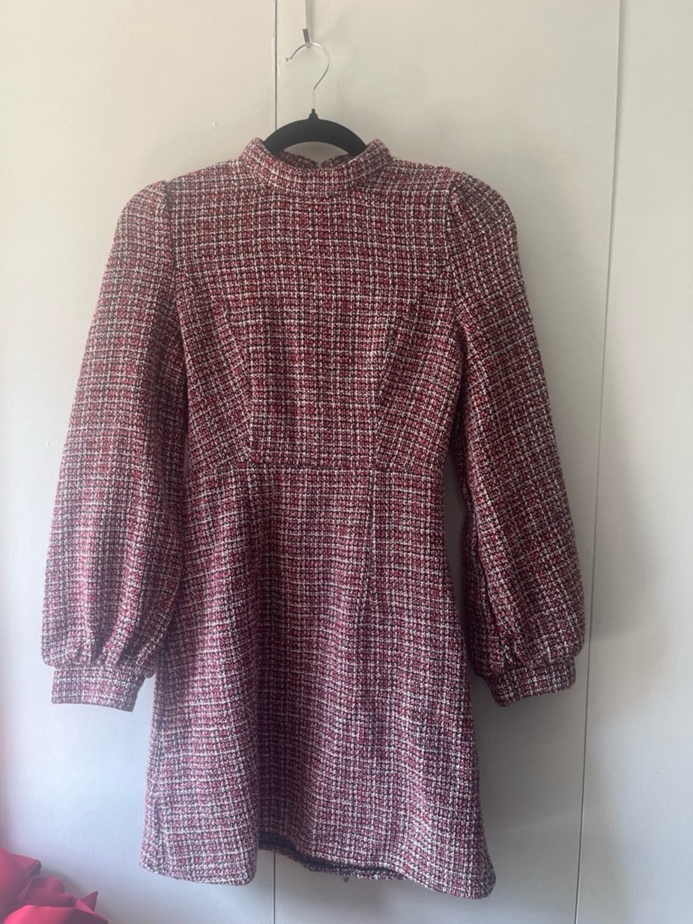 Vintage Pink Tweed Long-Sleeve Puff Mini Dress